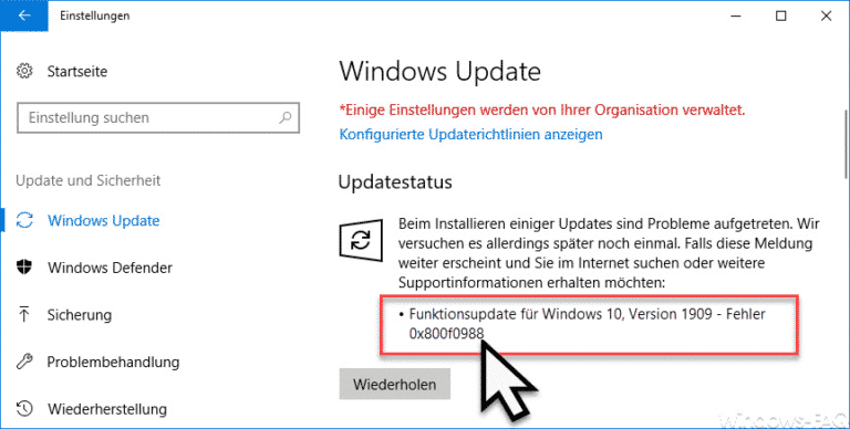 0x800f0988 Fehlercode beim Windows 10 Update und 1909 Upgrade