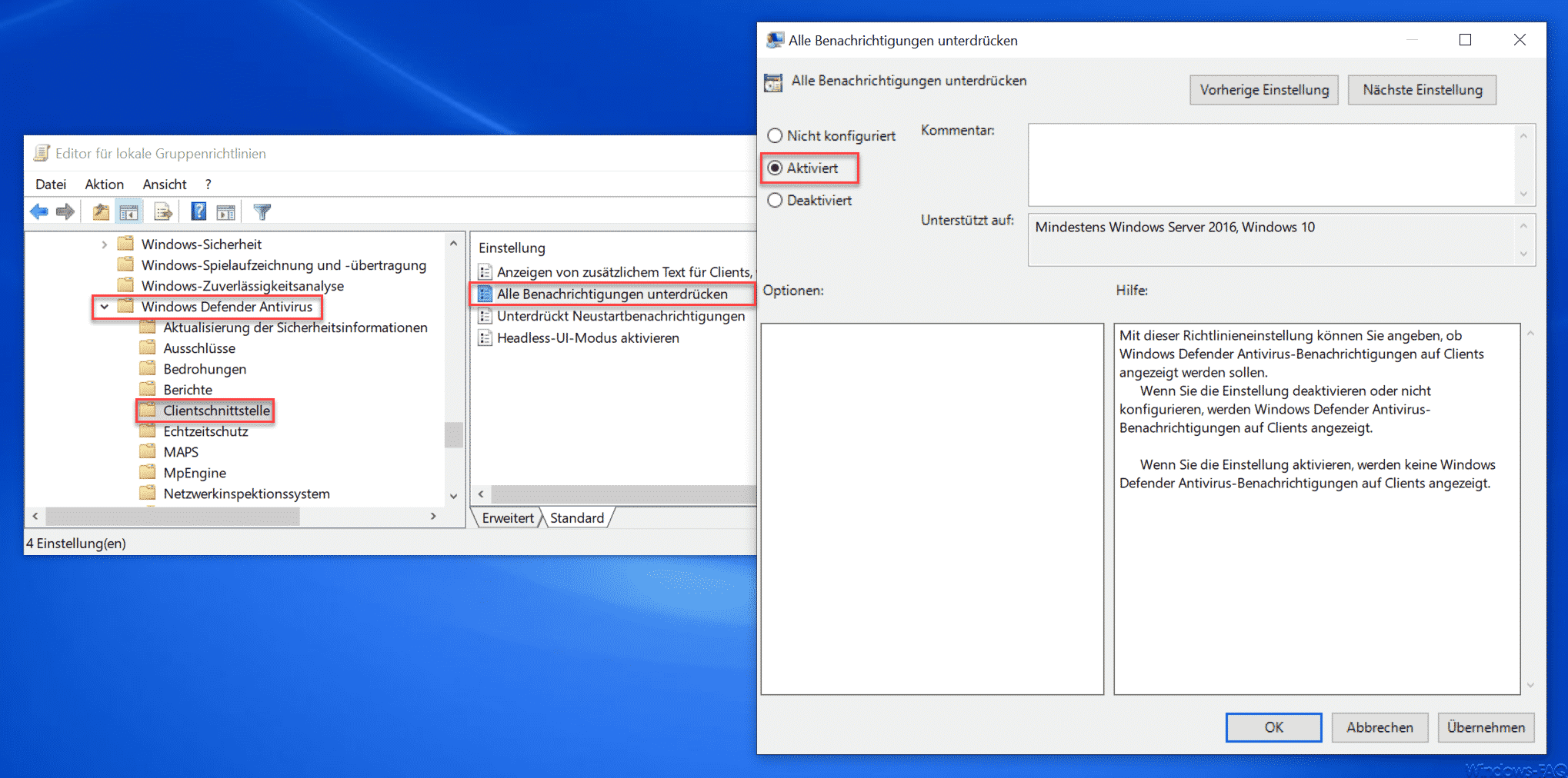 Alle Benachrichtigungen vom Windows Defender ausschalten