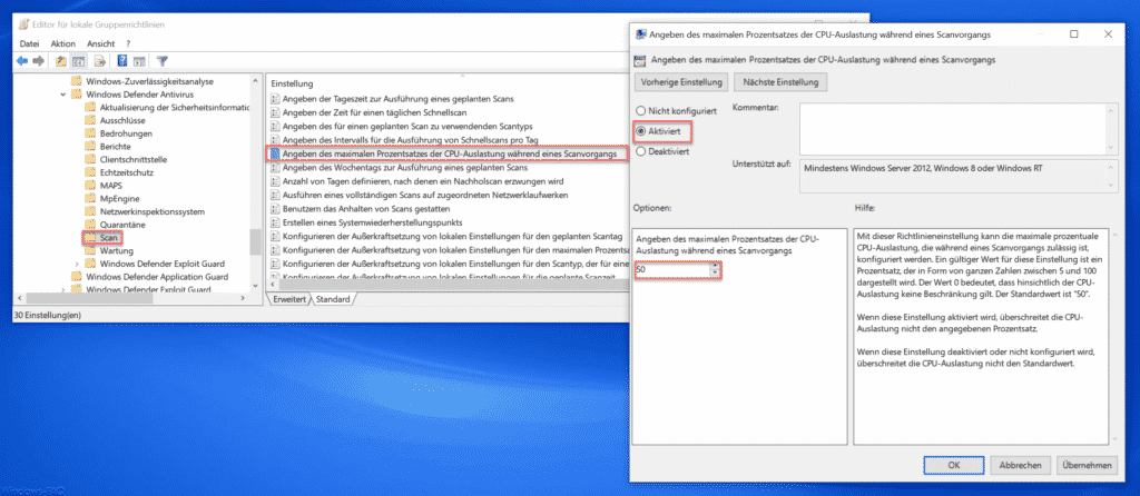 Angeben des maximalen Prozentsatzes der CPU-Auslastung während eines Scanvorgangs