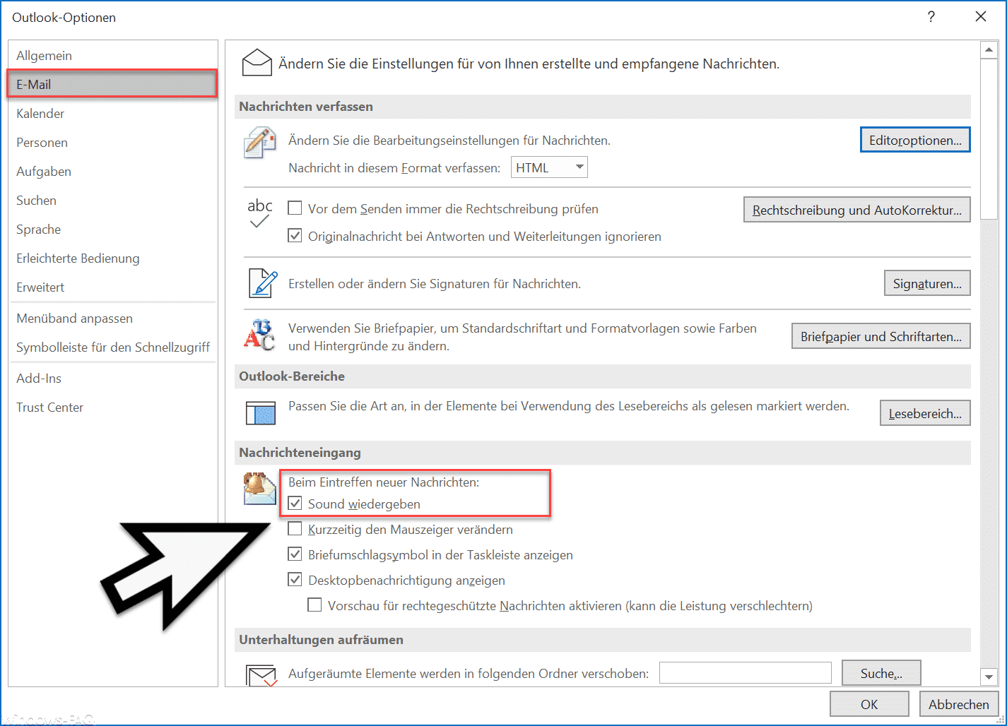 Ton Sound Wiedergeben Beim Eingang Neuer E Mails Im Outlook E Mail Einstellungen Outlook Postfach Sound Ton Windows Faq