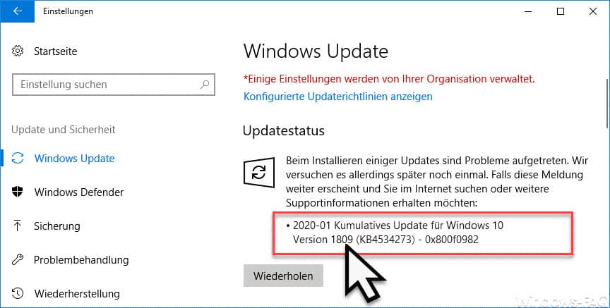 Fehlercode 0x800f0982 beim Windows Update
