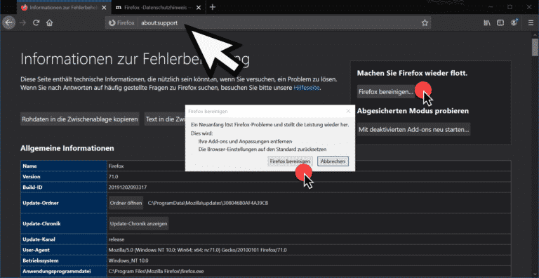 Firefox bereinigen und auf Standardeinstellungen zurückstellen