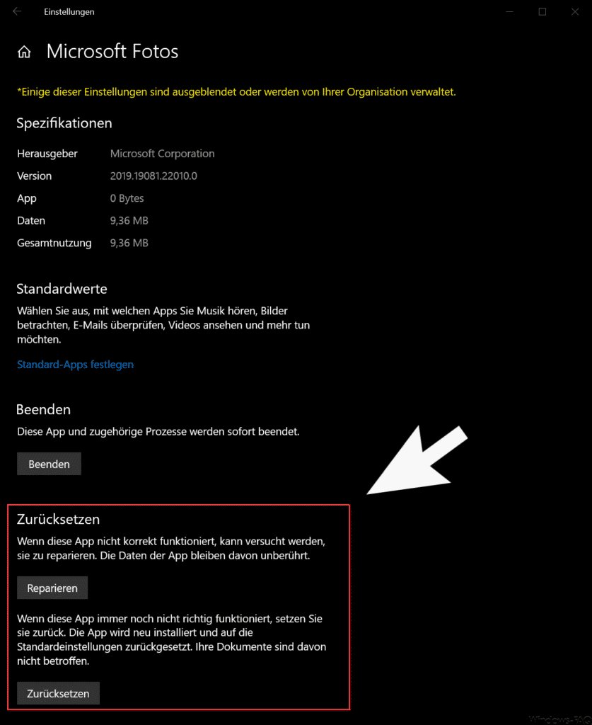 Microsoft Fotos zurücksetzen oder Reparieren
