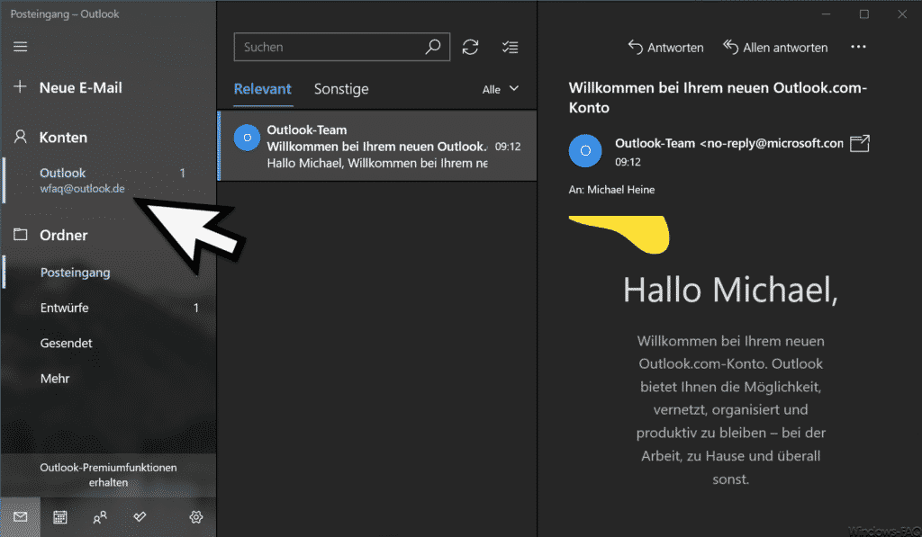 Outlook.com Konto eingerichtet in Windows 10 Mail App