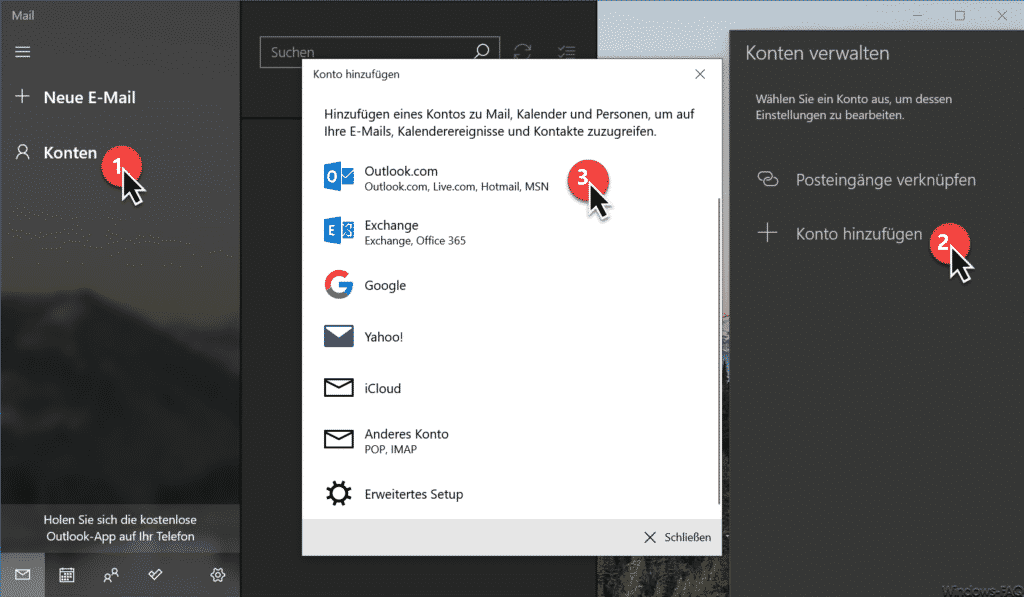 Windows 10 Mail App Outlook.com Konto hinzufügen