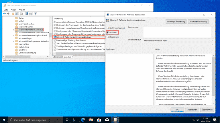 Windows Defender Antivirus per GPO deaktivieren