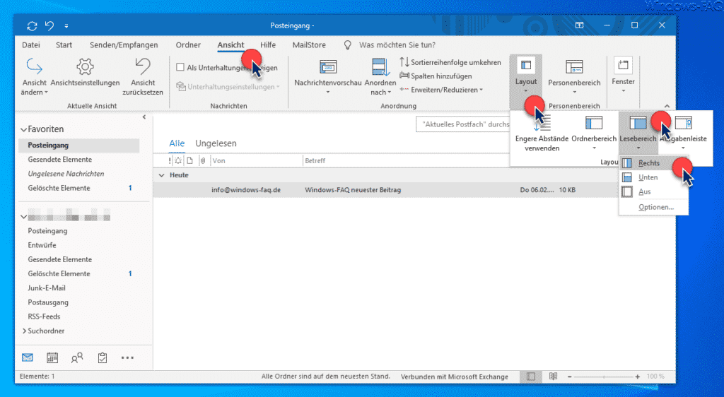 Outlook Lesebereich auswählen
