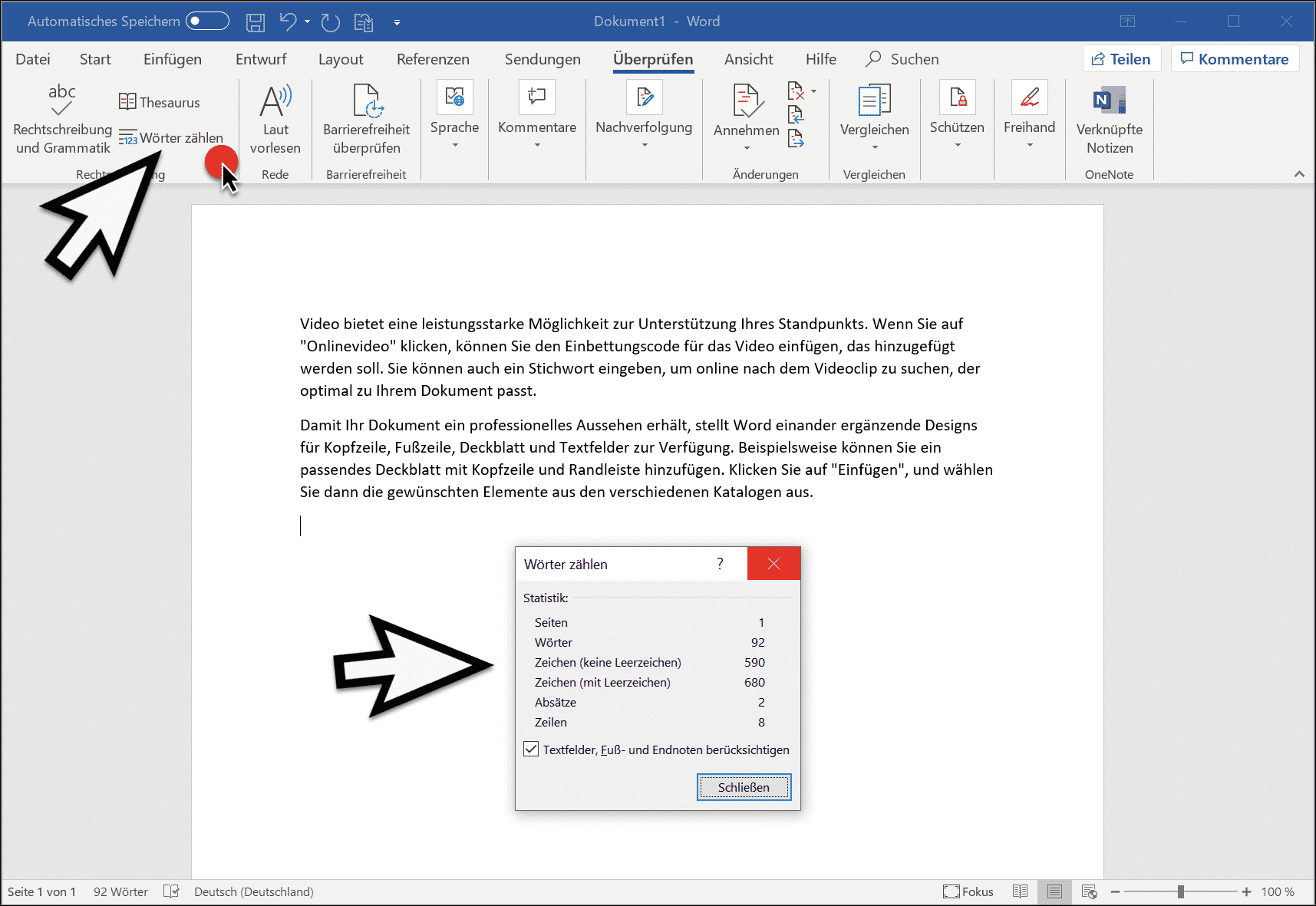 Anzahl der Wörter, Buchstaben bzw. Zeichen zählen mit Microsoft Word