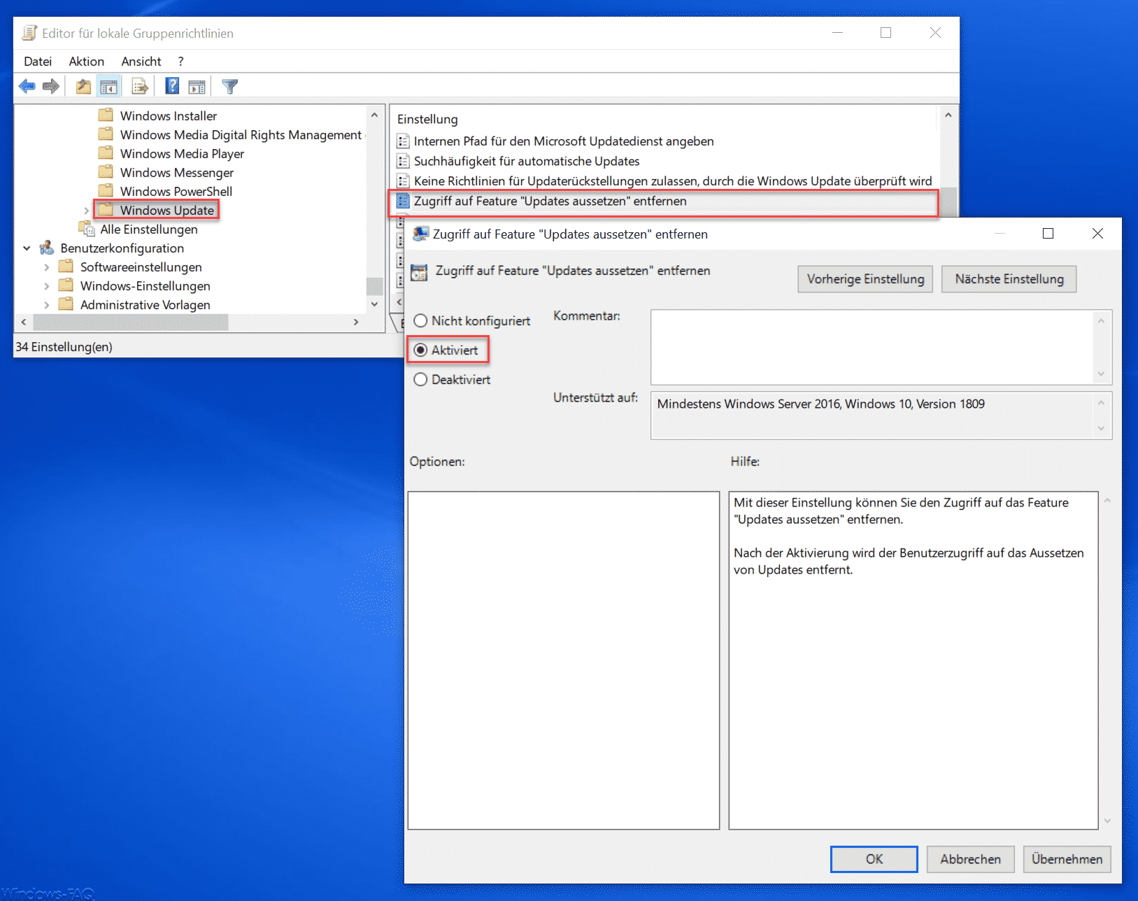 Funktion „Windows Updates aussetzen“ per Gruppenrichtlinie verhindern