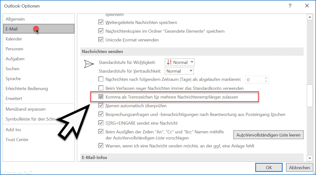 E-Mail Empfänger im Outlook auch mit Komma trennen
