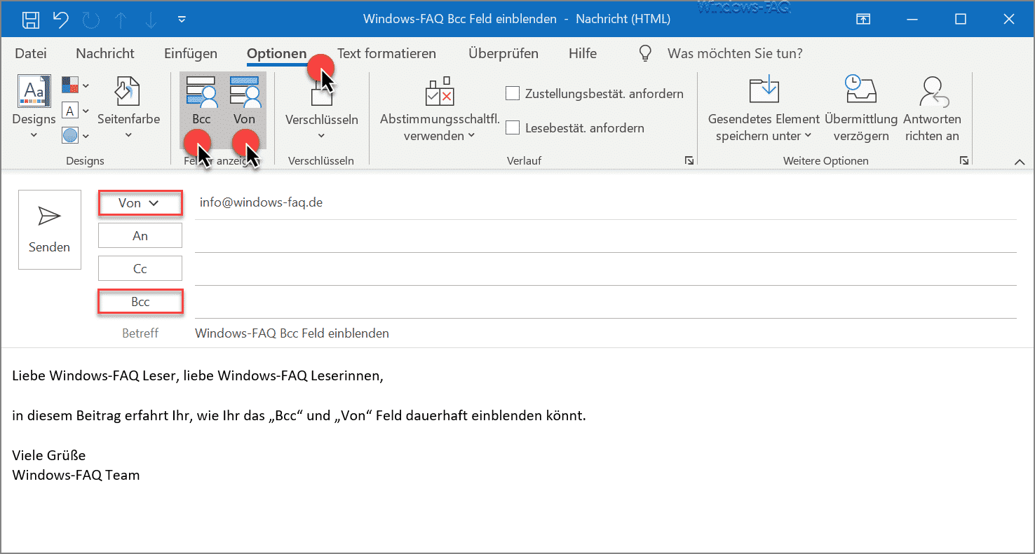 Bcc und das „Von“ Feld im Outlook E-Mailfenster immer einblenden