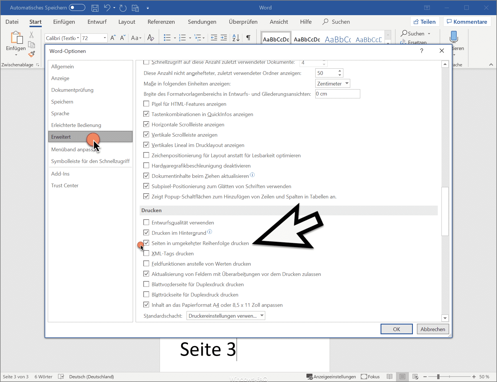 Seiten in umgekehrter Reihenfolge drucken im Microsoft Word