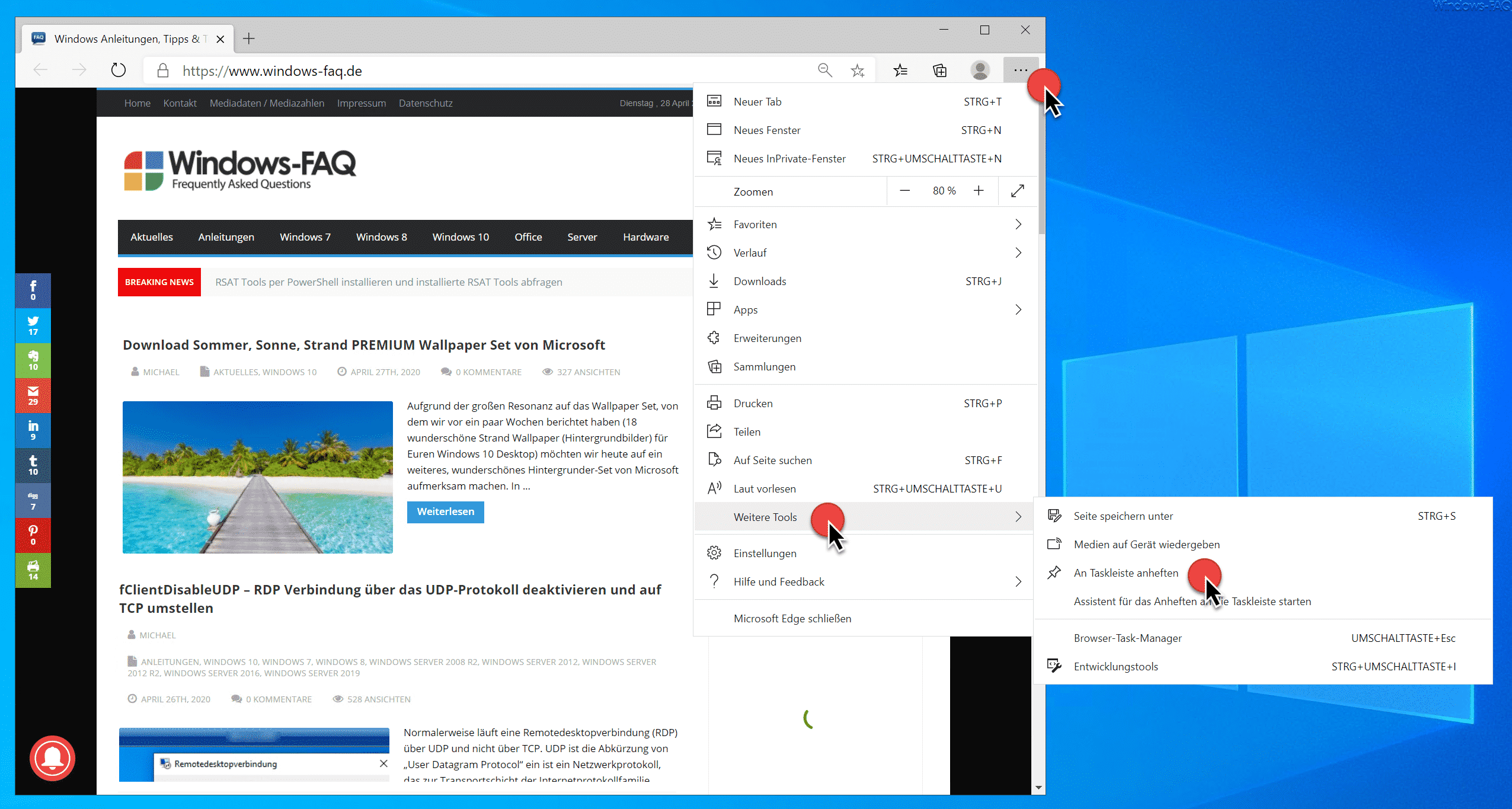 Webseite an die Windows Taskleiste anheften mit dem Edge Chromium