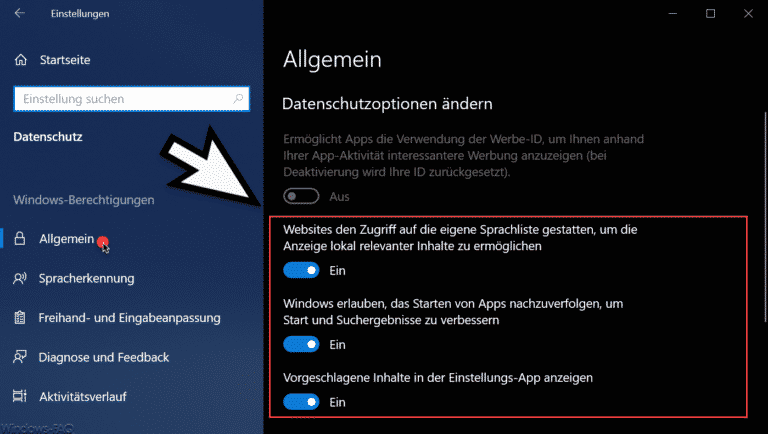 Windows 10 Datenschutzoptionen (Websitezugriff, Apps und vorgeschlagene Inhalte)