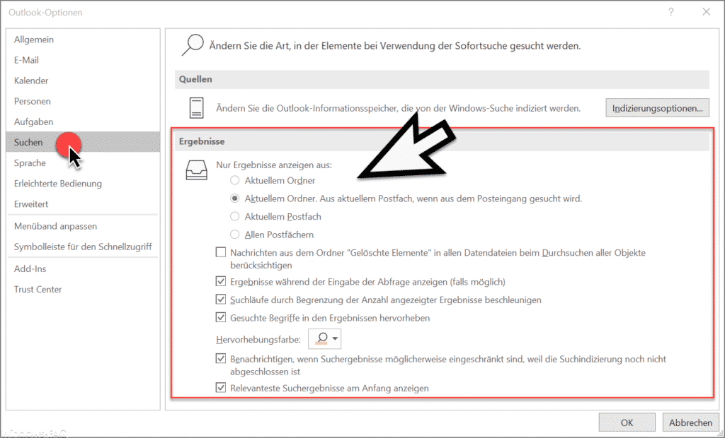 Suchoptionen Outlook