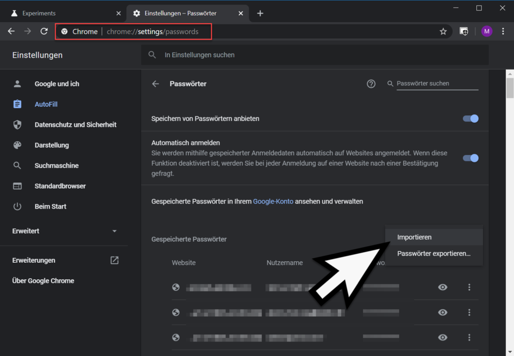 Chrome Passwörter importieren