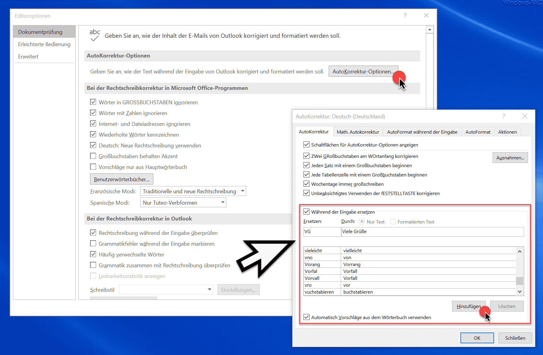 AutoKorrektur im Outlook – Automatische Umsetzung von Zeichen in Wörter oder Sätze