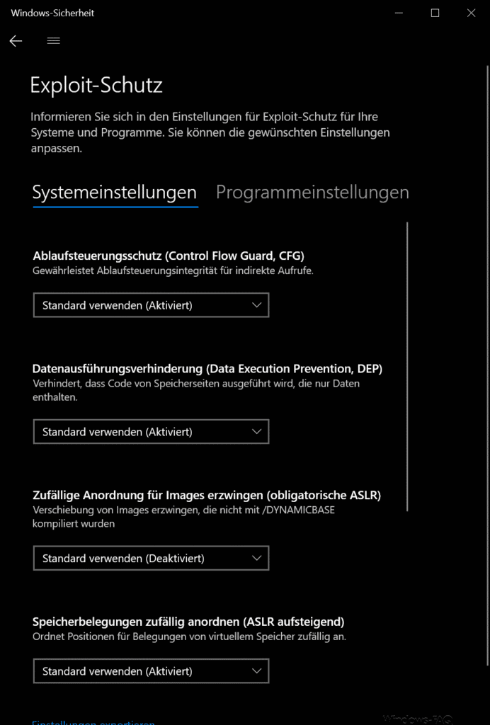 Einstellungen für Exploit-Schutz