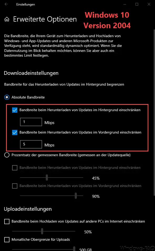 Windows 10 Update Downloadbandbreite in fester Größe MBit/s festlegen – 2004 Feature