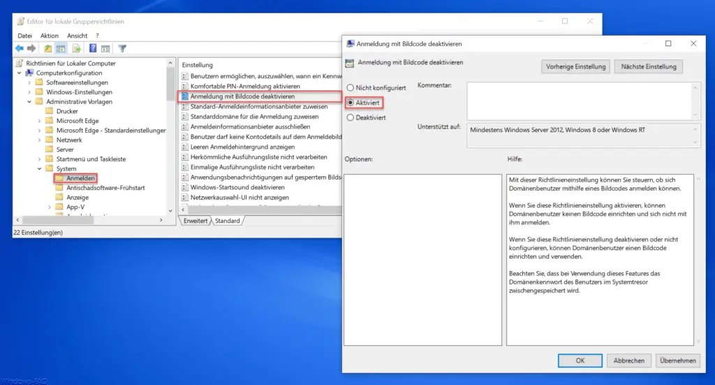 Windows Anmeldung mit Bildcode deaktivieren