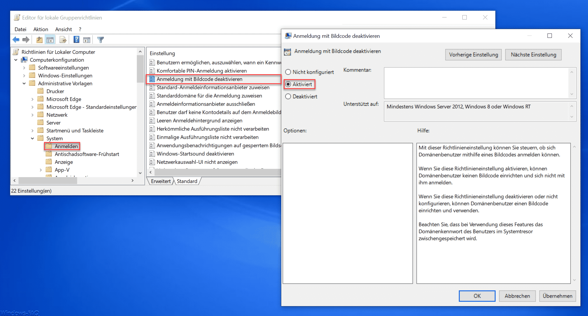 Windows Anmeldung mit Bildcode verhindern bzw. deaktivieren
