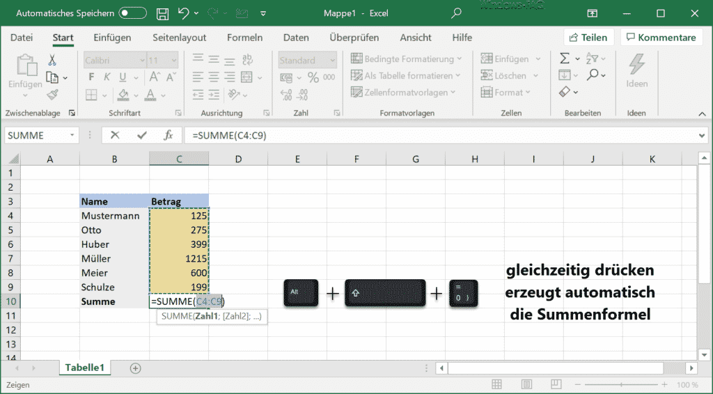 Excel Tipp Summenformel Schnell Per Tastenkombination Erzeugen Excel Format Spalte Tastenkombination Tipp Zeile Windows Faq