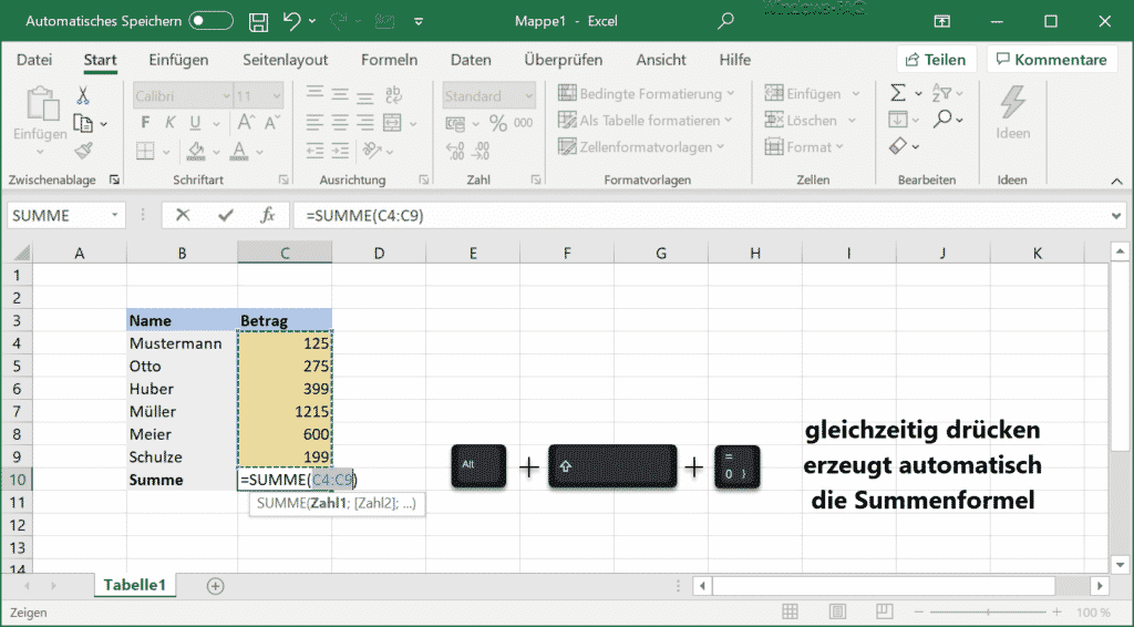 Excel Summenformel erzeugen per Tastenkombination