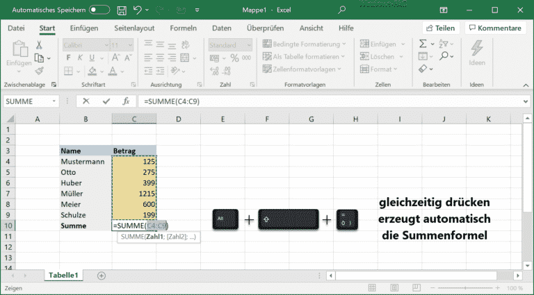 Excel Tipp – Summenformel schnell per Tastenkombination erzeugen