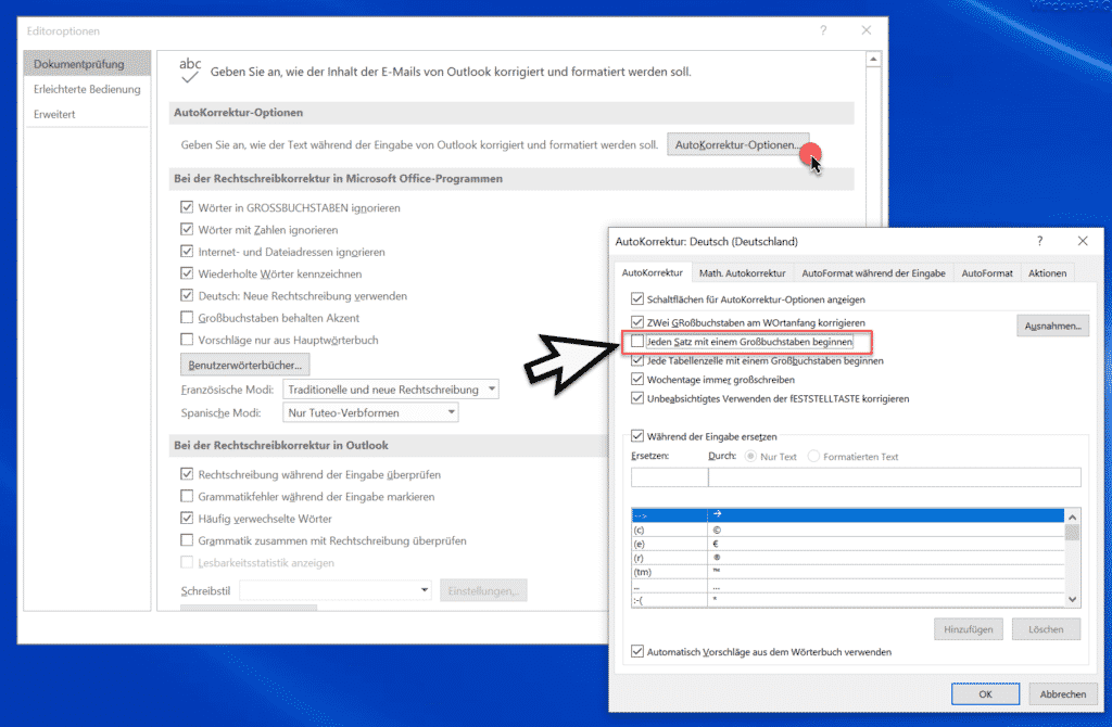 Outlook Einstellungen Großbuchstaben am Satzanfang