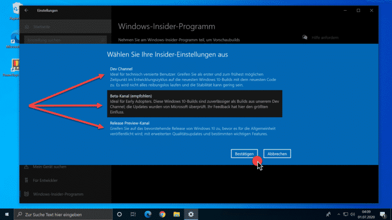 Mit Windows 10 am Windows Insider-Programm teilnehmen (Dev, Beta oder Release Preview Kanal)