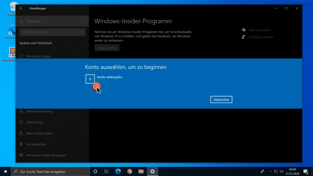 Windows-Insider-Programm - Konto auswählen