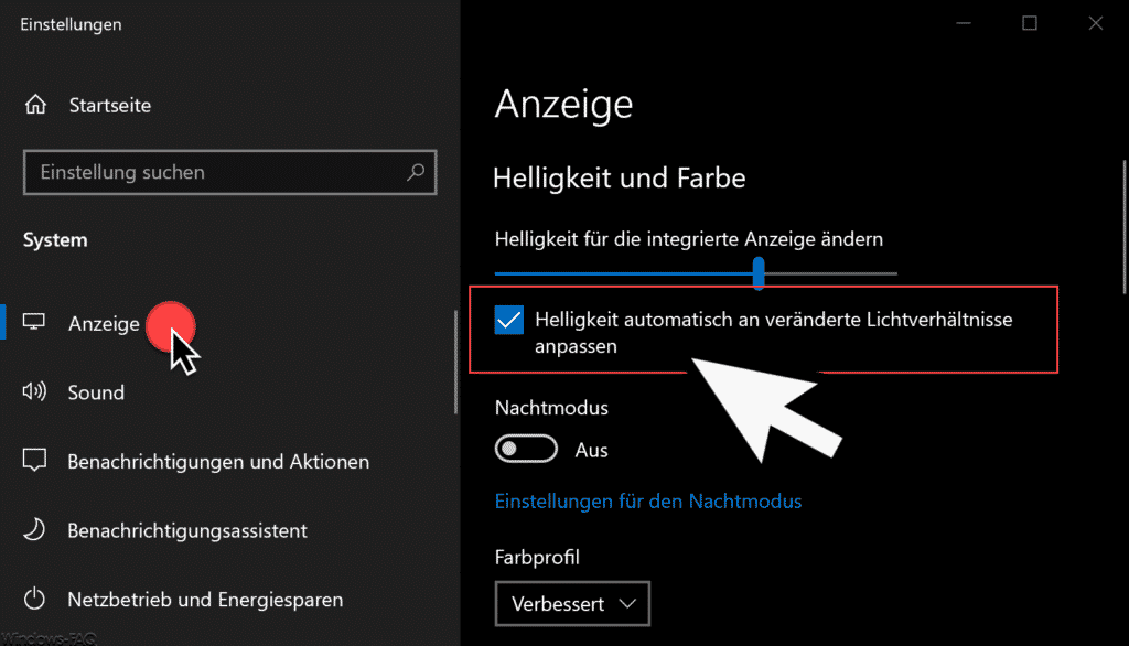 Adaptive Helligkeit Windows 10