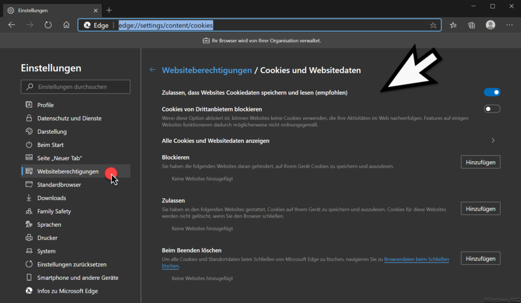 Edge Chromium Websiteberechtigungen Cookies und Websitedaten