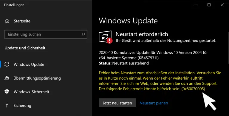 Windows Update Fehlercode 0x80070005