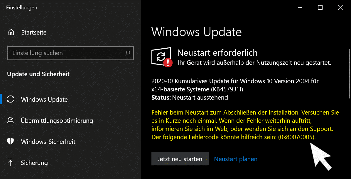 Windows Update Fehlercode 0x80070005