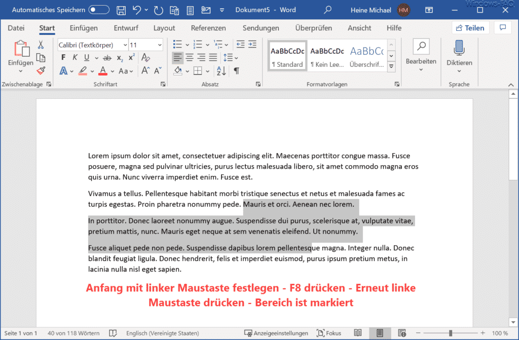 Bereich im Word mit F8 markieren