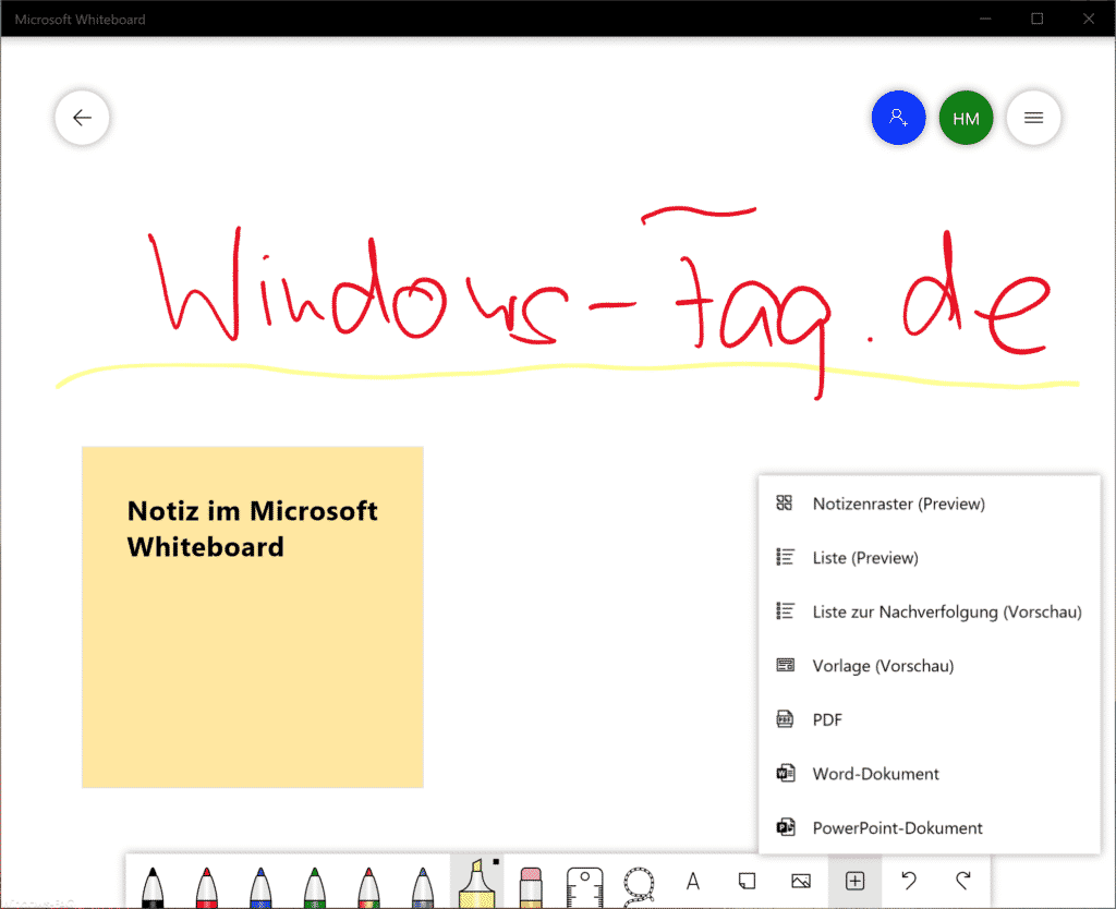 Microsoft Whiteboard Zeichnungen, Notizen und Bilder