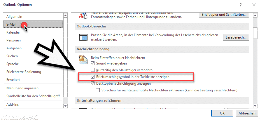 Outlook Briefumschlagsymbol in der Taskleiste anzeigen