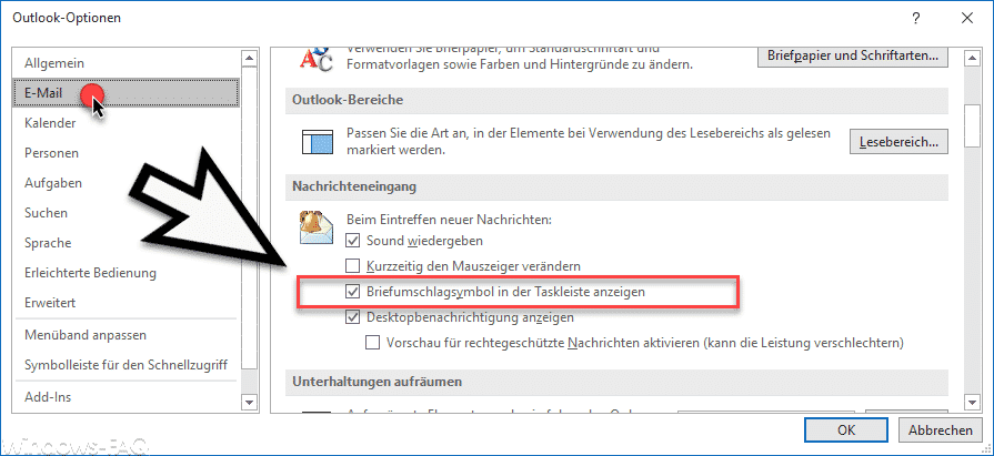 Briefumschlag Symbol in der Taskleiste anzeigen bei neuen E-Mails im Outlook