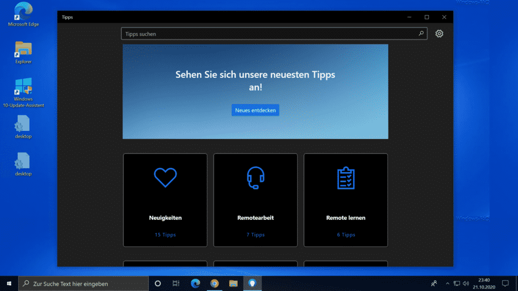 Windows 10 20H2 Tiips nach Upgrade
