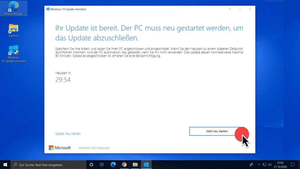 Windows 10 20H2 Update ist bereit. Der PC muss neu gestartet werden