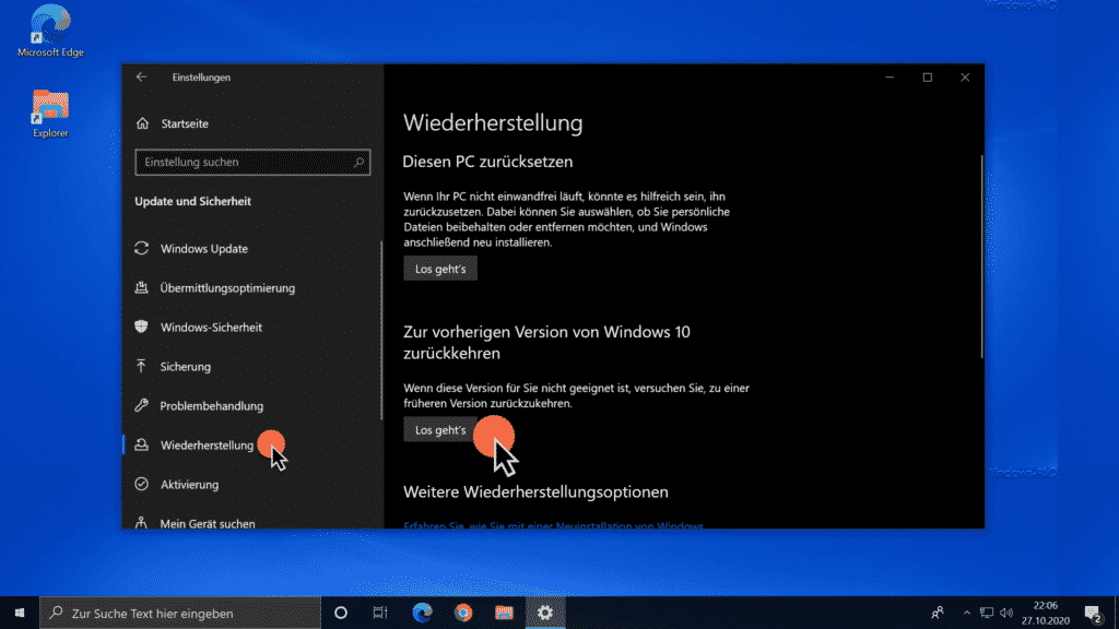 Windows 10 20H2 deinstallieren und zur vorherigen Version zurückkehren