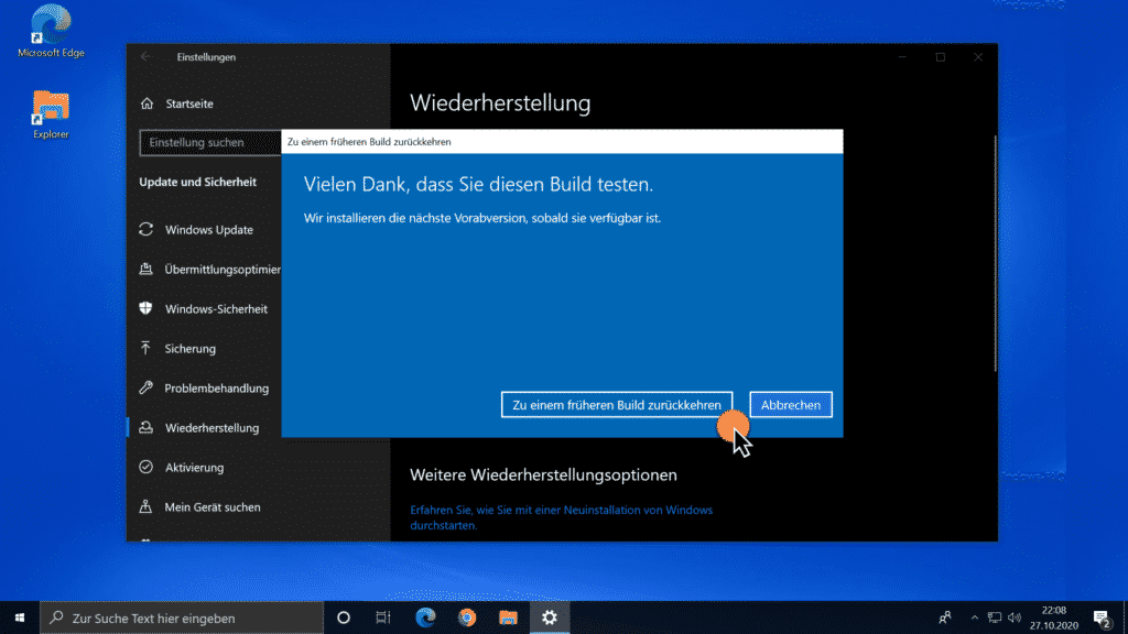 Zu einem früheren Windows 10 Build zurückkehren