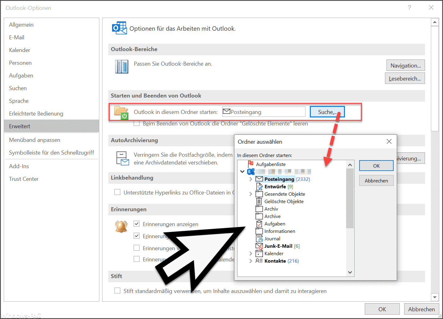 Outlook in der Kalender-, Kontakteansicht oder einem anderen Ordner starten