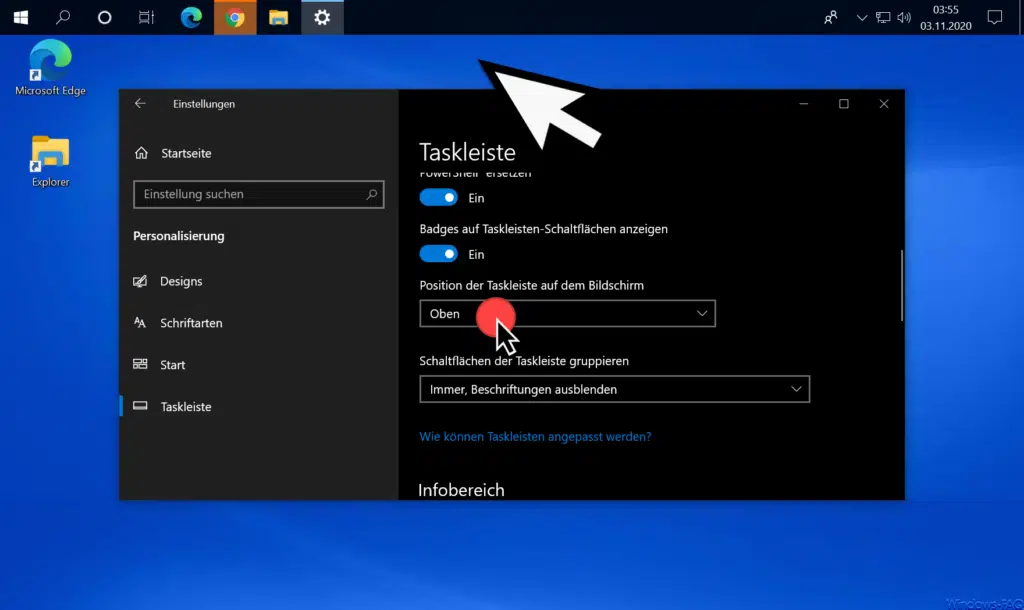 Position der Taskleiste oben