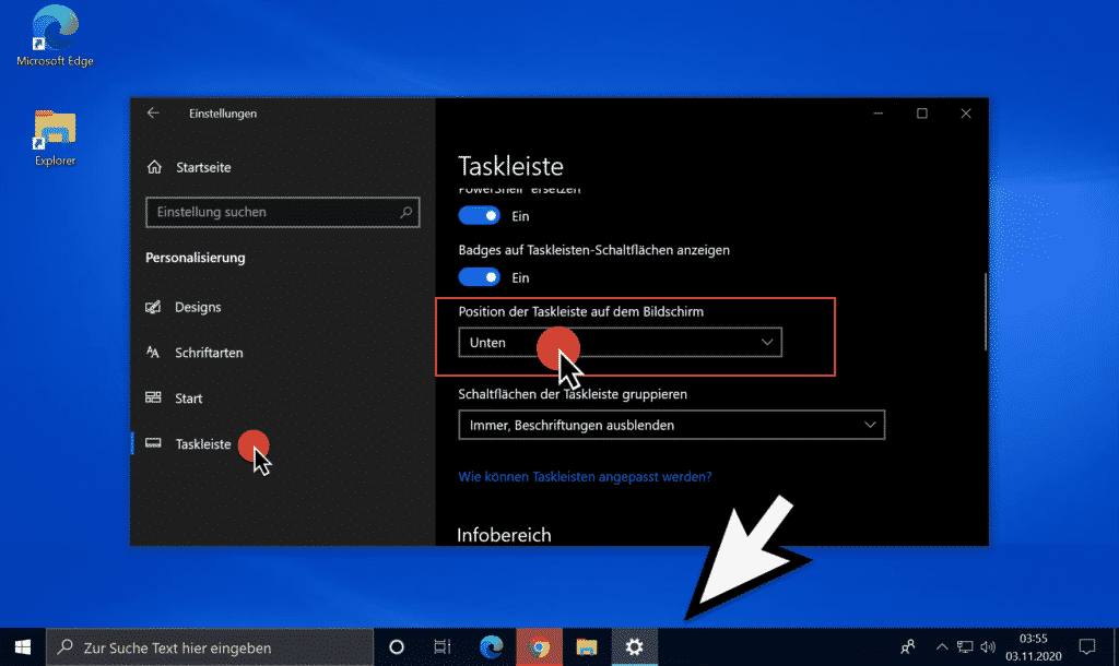 Position der Taskleiste unten