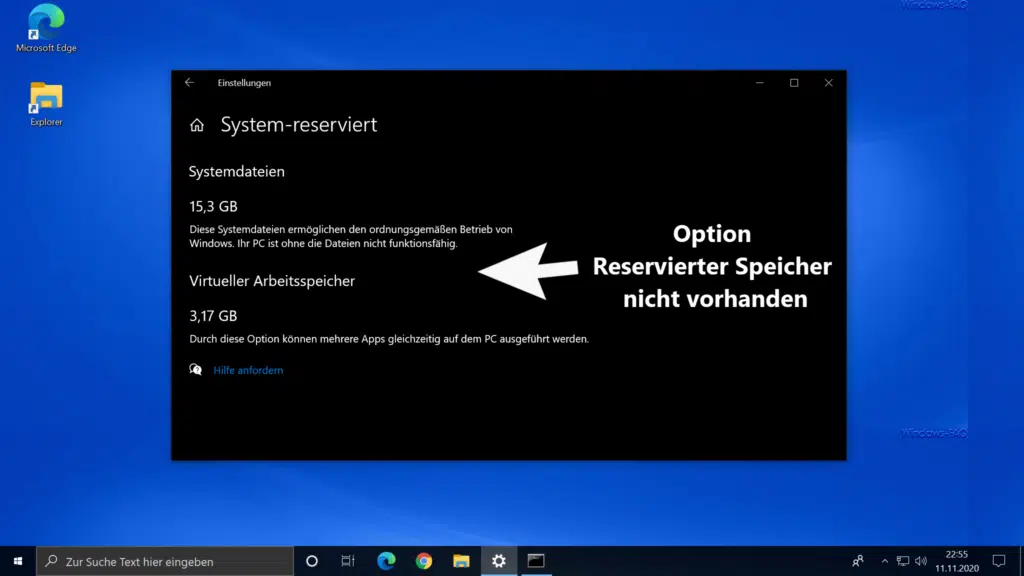 Option Reservierte Speicher nicht vorhanden bei Windows 10