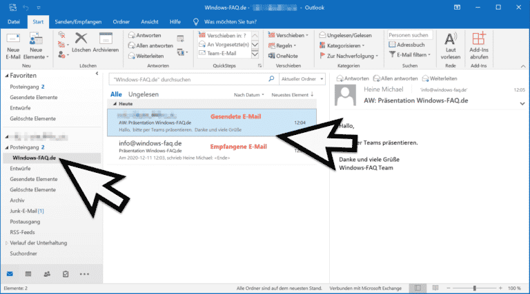 Im Outlook empfangene und gesendete E-Mail im gleichen Ordner ablegen