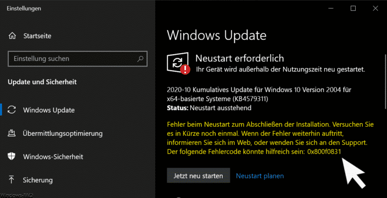 Windows Update Fehlercode 0x800f0831