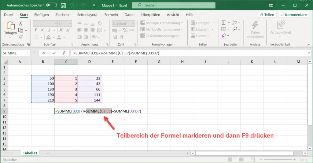 Excel Formel mit F2 bearbeiten und Teilformel markieren